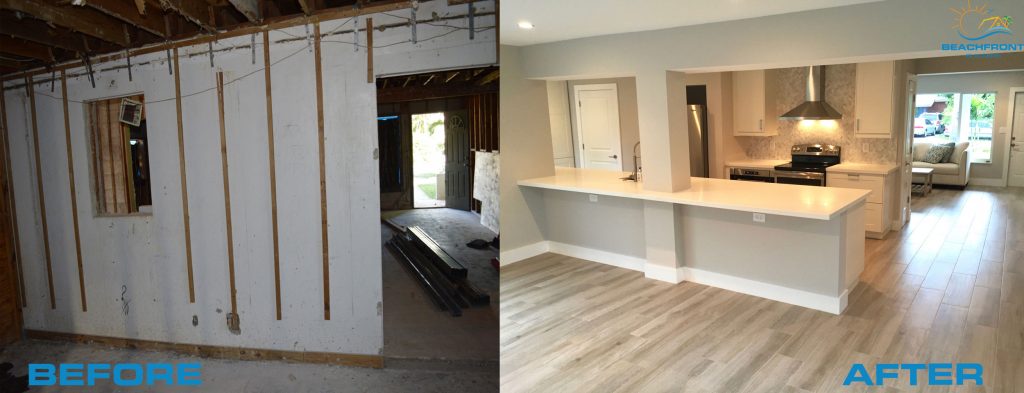 After removing the wall separating the kitchen and dining area, we created a beautiful bar / dining area