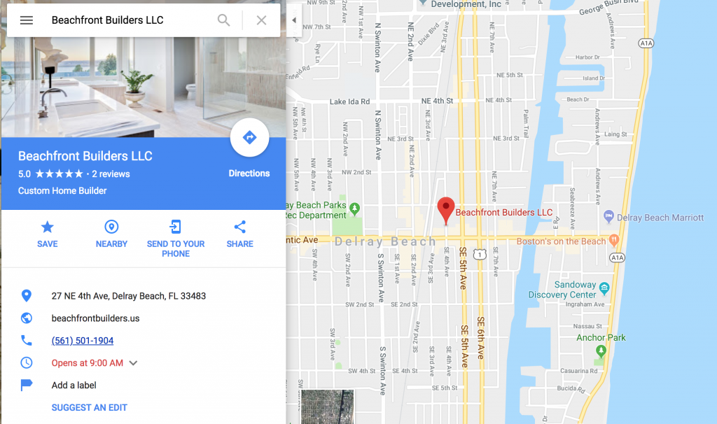 Google Maps listing for Beachfront Builders at 27 NE 4th Ave, Delray Beach