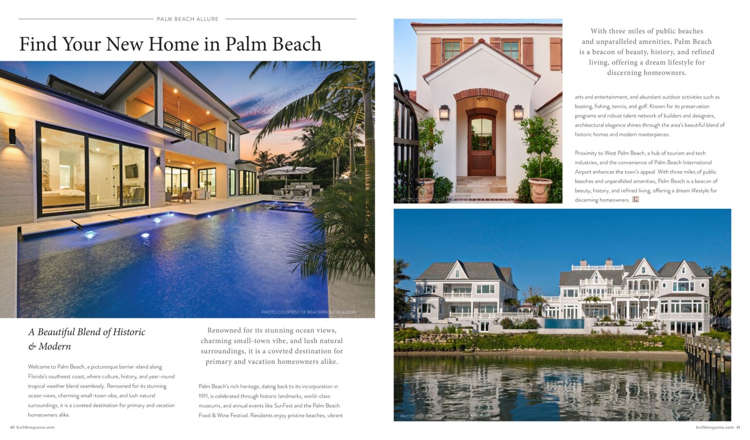 Beachfront Builders featured in BUILD Magazine, Palm Beach 2025 — the two-page spread "Find Your New Home in Palm Beach"