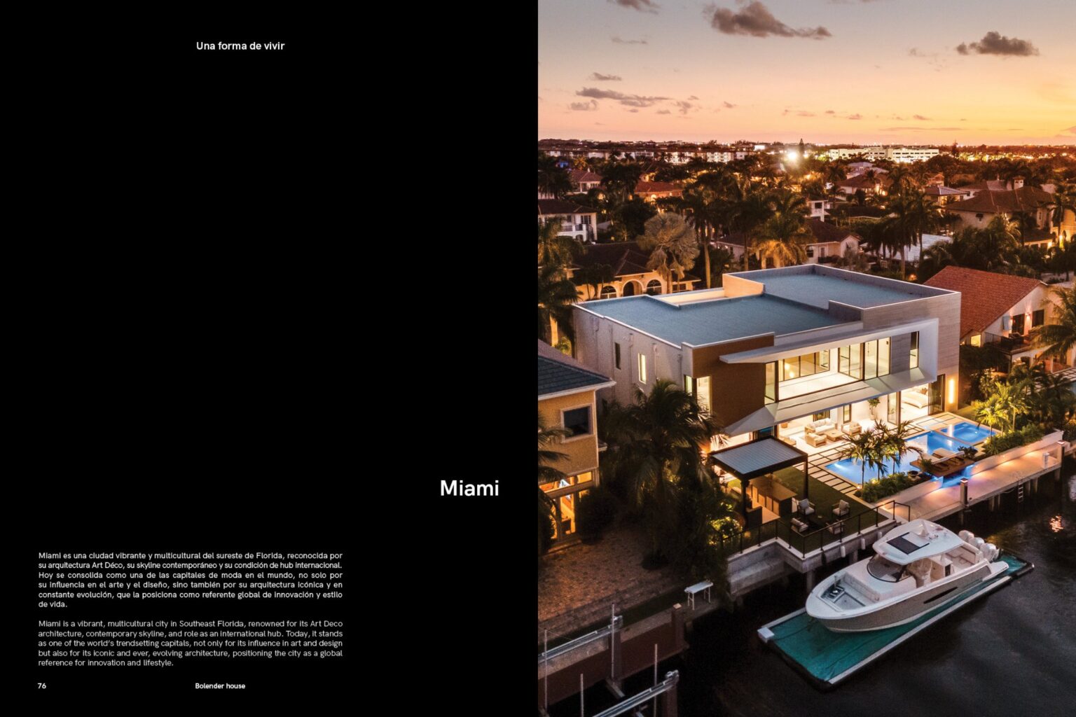 Madeval 50 Years book spread, pages 76–77: aerial dusk view of the Bolender house by Beachfront Builders with its pool and boat dock