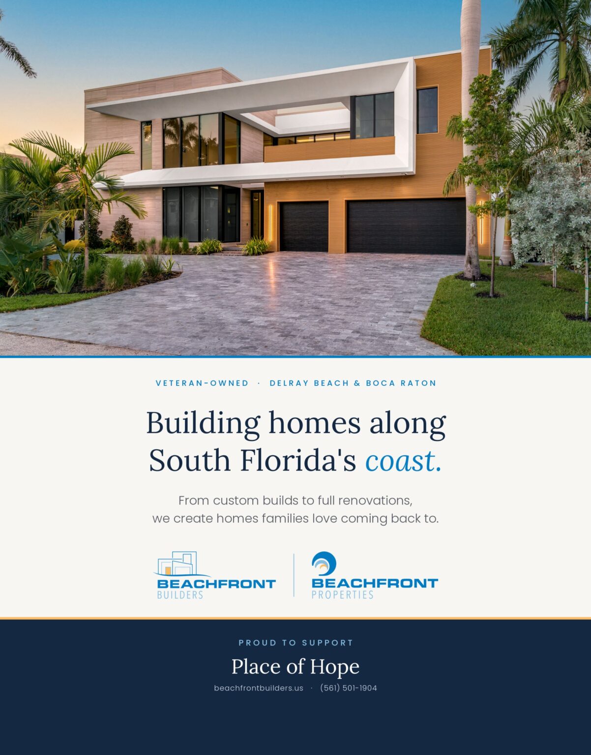 Beachfront Builders and Beachfront Properties full-page ad supporting Place of Hope: Building homes along South Florida's coast
